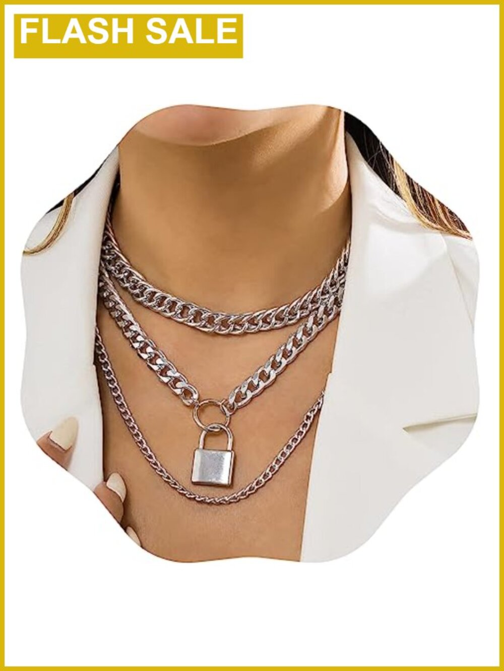 Punk Layered Chunky Chain Necklace Set Cuban Link Choker Lock Pendant Women